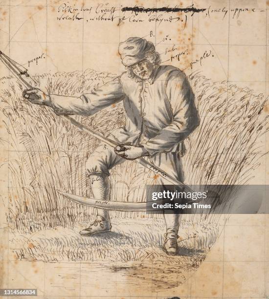 Study for the Pilkington Crest, a mower with a scythe, Francis Place, 1647–1728, British, undated, Pen and brown ink, pen and black ink, gray wash,...