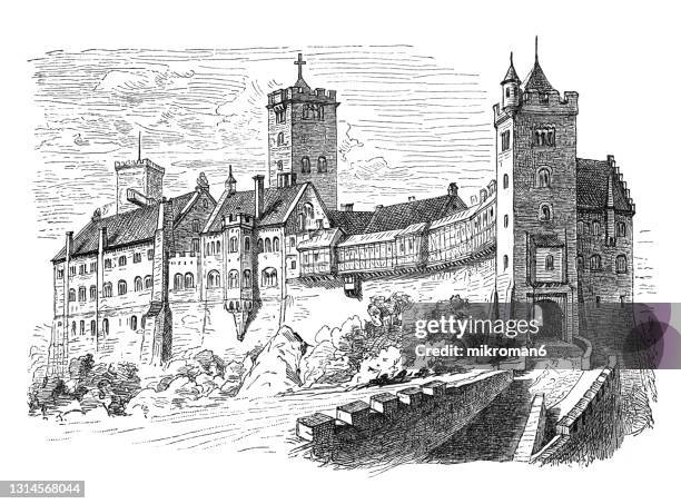 old engraved illustration of castle the wartburg castle (die wartburg) - germany castle stock pictures, royalty-free photos & images