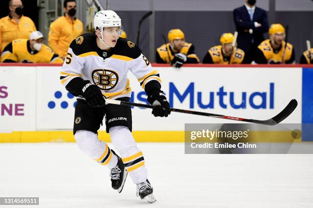 Mike Reilly of the Boston Bruins in action during a game between the Pittsburgh Penguins and Boston Bruins at PPG PAINTS Arena on April 25, 2021 in...