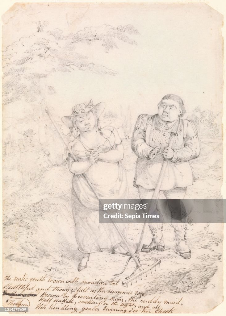 Stout and Plain Country Girl Being Courted by a Yodel with Pitchfork, Henry Thomas Alken, 1785–1851, British, undated, Graphite, red chalk and pen and brown ink on thin, slightly textured, cream wove paper, Sheet: 7 × 5 inches (17.8 × 12.7 cm), courtsh