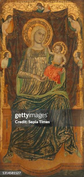 Giovanni Baronzio, , Italian, active c. 1320 - 1350, Madonna and Child with Five Angels, c. 1335, tempera on panel, painted surface: 100.6 × 48.2 cm...