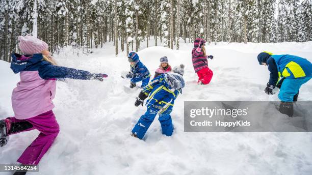 雪の中で遊ぶ子供たち - 雪玉 ストックフォトと画像