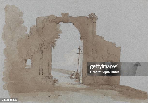 Nemi, James William Giles, 1801–1870, British Brown wash, graphite, pen and brown ink, and white gouache on moderately thick, moderately textured,...