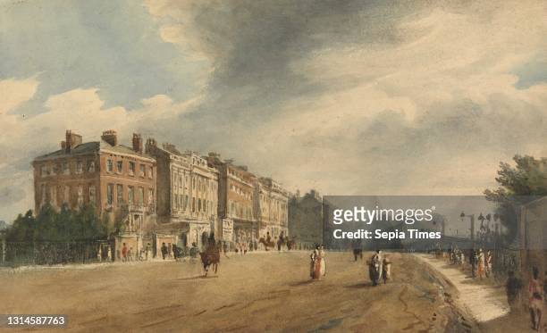 Apsley House and Piccadilly .. From Hyde Park Corner, Frederick Nash, 1782–1856, British, undated, Watercolor and graphite, with scratching out on...