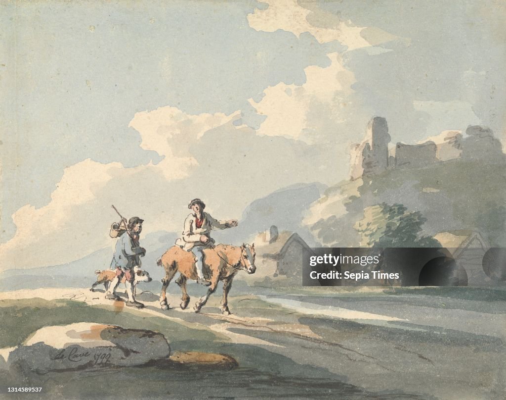 Composition: two travellers and a dog on a road passing cottages, with ruins on a hill, Peter La Cave, active 1769–1810, 1799, Watercolor, pen and black ink on medium, slightly textured, wove paper, Sheet: 4 1/2 × 5 7/8 inches (11.4 × 14.9 cm), cottage