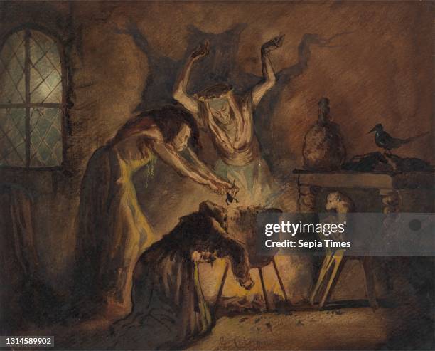 Scene of Three Witches from Shakespeare's Macbeth, George Cattermole, 1800–1868, British Watercolor and gouache on moderately thick, moderately...