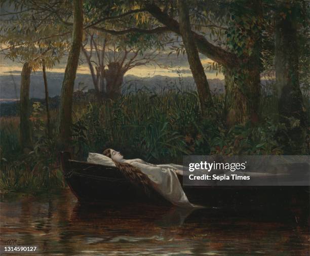 The Lady of Shalott, Walter Crane, 1845–1915, British Oil on canvas, Support : 9 1/2 x 11 1/2 inches , boat, body, dead, death, legend, literary...