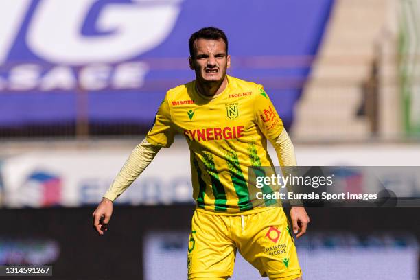 Pedro Chirivella of Nantes in action during the Ligue 1 match between RC Strasbourg and FC Nantes at Stade de la Meinau on April 25, 2021 in...
