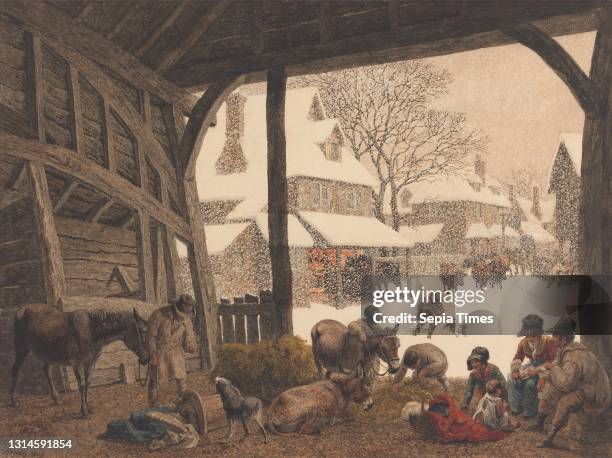 Village Snow Scene, Robert Hills, 1769–1844, British Watercolor and gouache over graphite with scraping out on thick, moderately textured, beige wove...