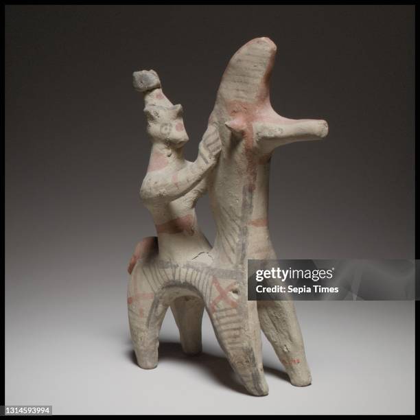 Horse and rider, Cypro-Archaic I, ca. 750–600 B.Cypriot, Terracotta; hand-made, H. 7 3/8 in. , Terracottas, The figurine is handmade and solid. The...