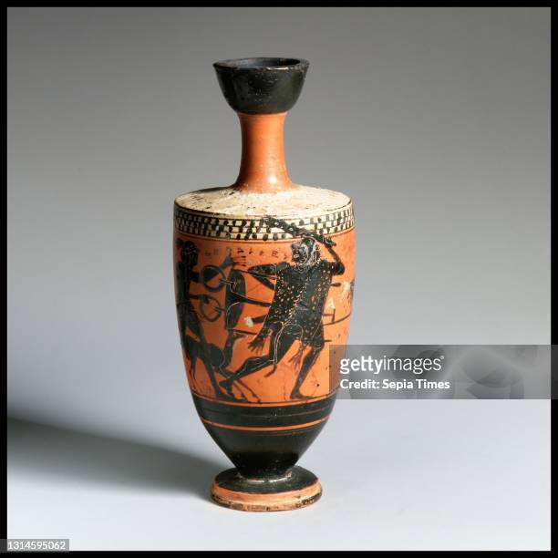 Terracotta lekythos , Late Archaic, ca. 500–490 B.Greek, Attic, Terracotta; black-figure, H. 7 1/16 in. ; diameter of body 2 15/16 in. ; diameter of...