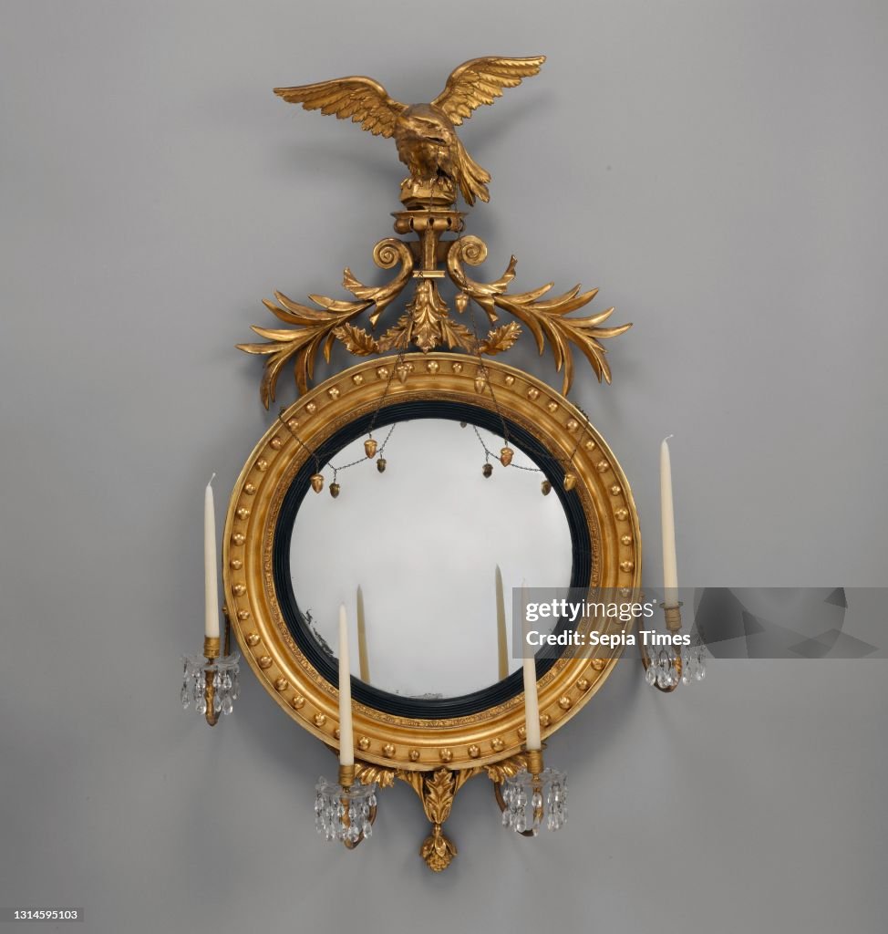 Girandole, 1817, Possibly made in Albany, New York, United States; Possibly made in New York, New York, United States, American, Gilded gesso, mirror glass with white pine, H. 54 in. (137.2 cm); Diam. 28 in. (71.1 cm), Furniture, This girandole mirror and