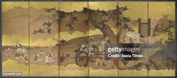 Seven Gods of Good Fortune and Chinese Children, Edo period , 17th–18th century, Japan, One of a pair of six-panel folding screens; ink, color, and...