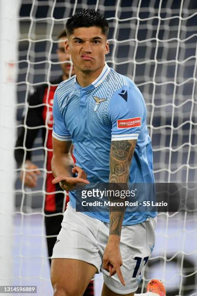 Joaquin Correa of SS Lazio celebrates scoring the opening goal during the Serie A match between SS Lazio and AC Milan at Stadio Olimpico on April 26,...