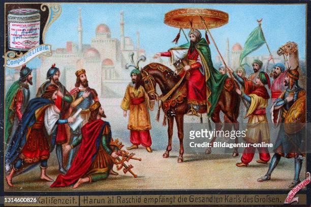 Picture series from the Caliph time, Harun al-Rashid, 786-809, the fifth Abbasid Caliph, receives the envoy of Charlemagne, 798 AD / Bilderserie Aus...