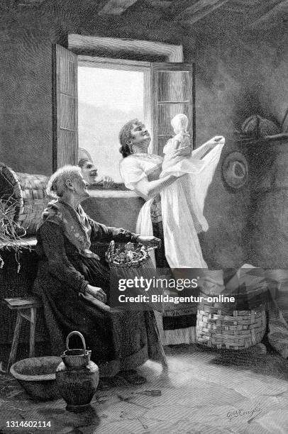 Newborn baby with mother and grandparents in a farmhouse in Austria, 1865 / Neugeborenes Kind mit Mutter und Großeltern in einem Bauernhaus in...