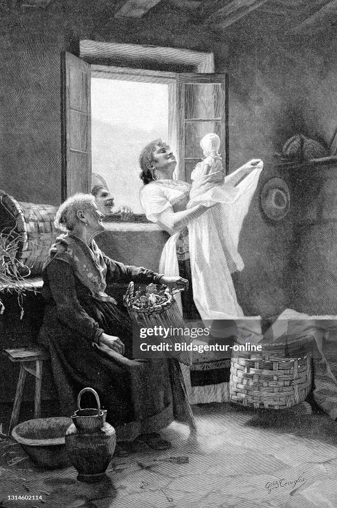 Newborn baby with mother and grandparents in a farmhouse in Austria