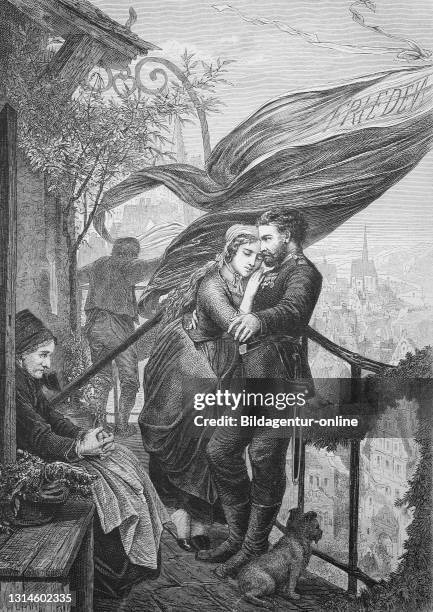 Peace celebration on a balcony above the city, German-French war 1871, soldier is back with his wife and family / Friedensfeier auf einem Balkon über...