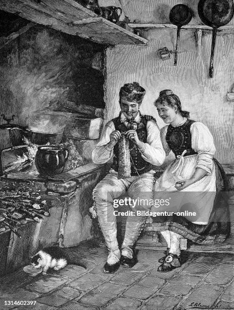 Knitting lessons, Young woman tries to teach her husband to knit, both sitting next to the stove in a rural room, Austria, 1884 / Strickunterricht,...