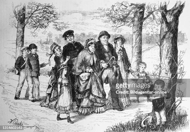 Big family, family of civil servants, during spring walk, Germany, 1887 / Großfamilie, Beamtenfamilie, beim Frühlingsspaziergang, Deutschland...