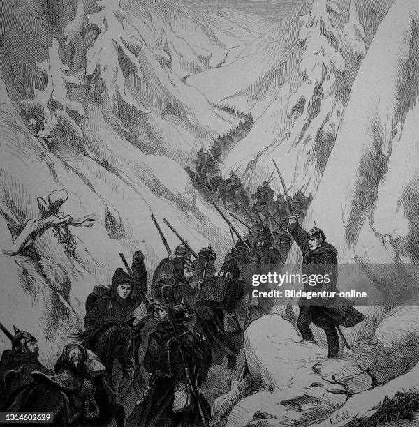 Mountain crossing of sections of the Werder corps during the battles for Belfort, Franco-Prussian War France / Bergübergang von Abteilungen des...