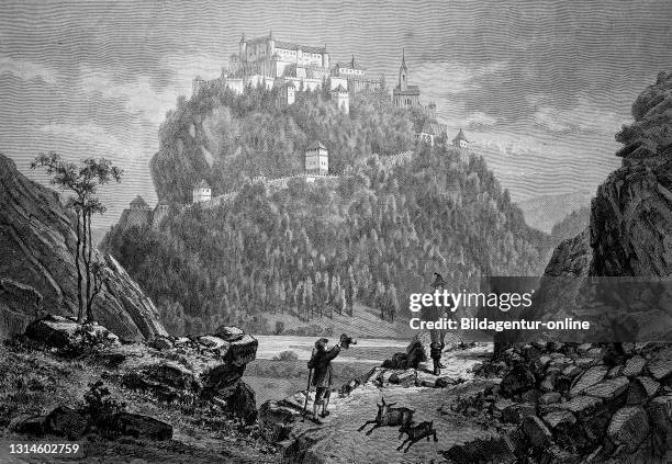 Castle Hochosterwitz in Carinthia, in the foreground a hunter, Austria, 1880 / Burg Hochosterwitz in Kärnten, im Vordergrund ein Jäger, Österreich...