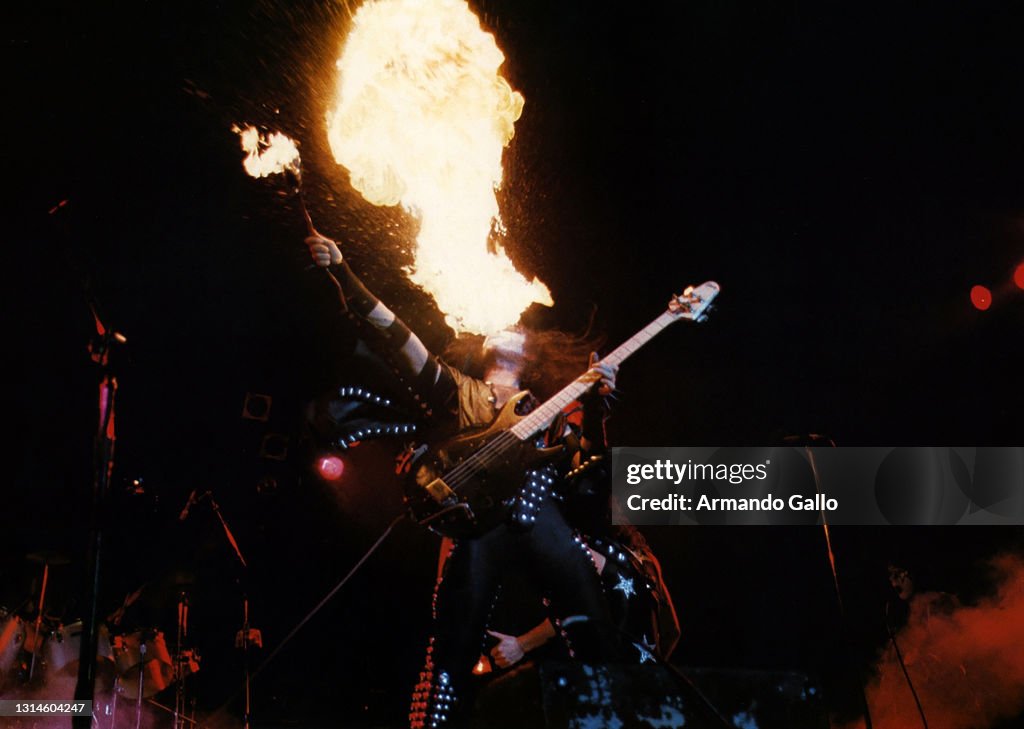 Spitting Fire Rapper Bass Player Gene Simmons, of “Kiss” Spitting Fire, performing onstage ...