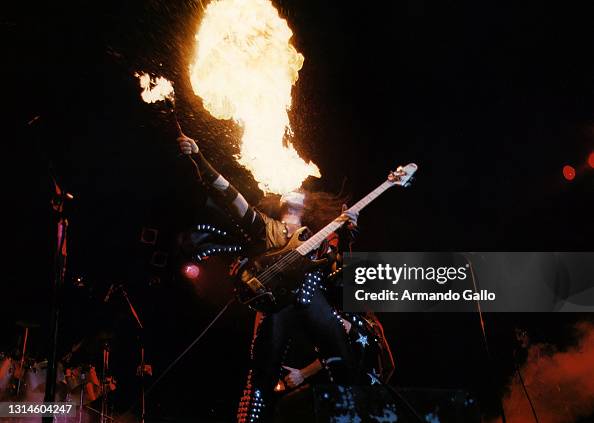 Gene Simms Bass Player Gene Simmons, of “Kiss” Spitting Fire, performing onstage ...