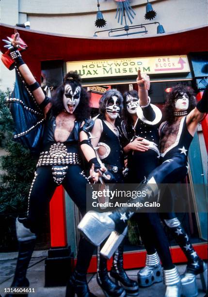 Guitar player Paul Stanley, Drummer Peter Cris, Bass player Gene Simmons, Guitar player Ace Frehley, of “Kiss” 1976 in Hollywood, California.