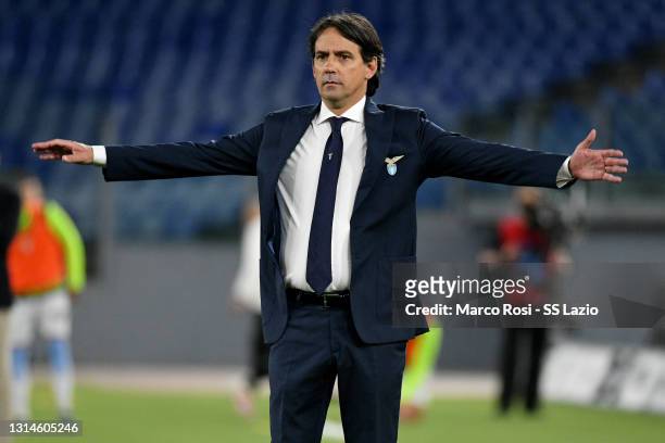 Lazio head coach Simone Inzaghi reacts during the Serie A match between SS Lazio and AC Milan at Stadio Olimpico on April 26, 2021 in Rome, Italy.