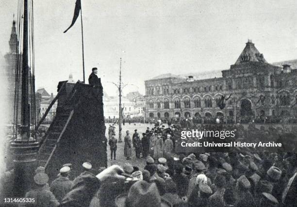 Vladimir Lenin descends from the podium after the end of a speech delivered on Red Square on the day of the celebration of the first anniversary of...