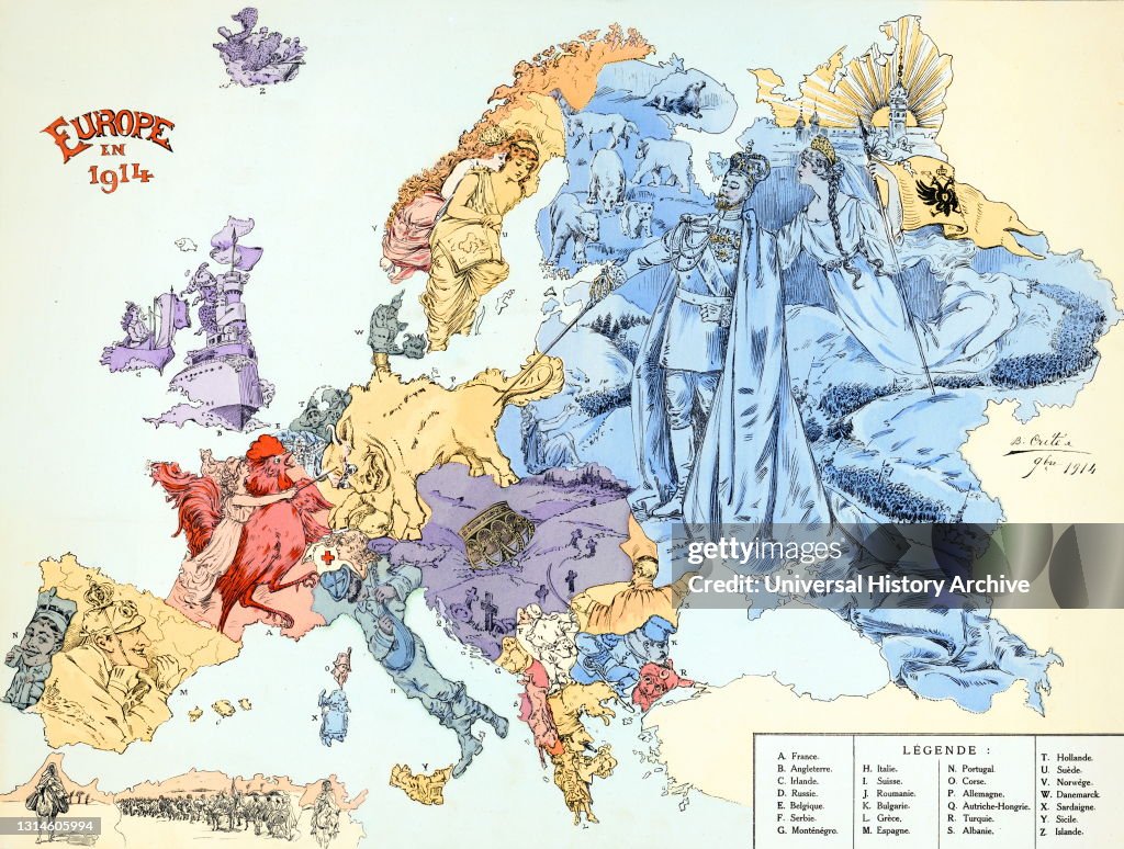 Satirical map of Europe in 1914 that depicts national symbols and stereotypes to represent countries.