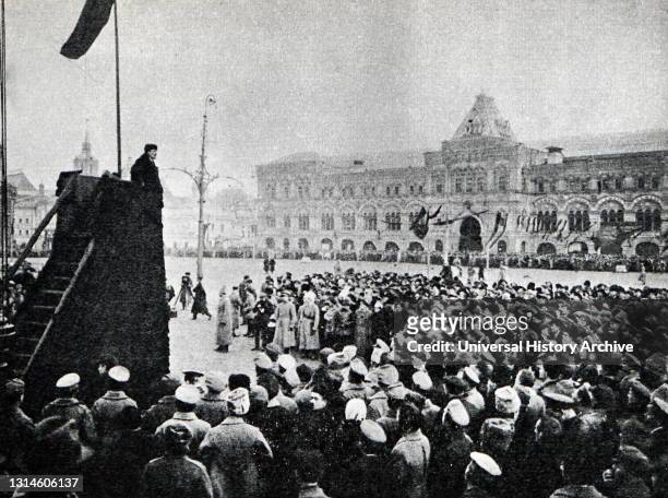 Vladimir Lenin delivers a speech from the rostrum on Red Square on the day of the celebration of the first anniversary of the Great October Socialist...