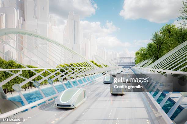 futuristisch groen energie autonoom verkeer - city future stockfoto's en -beelden