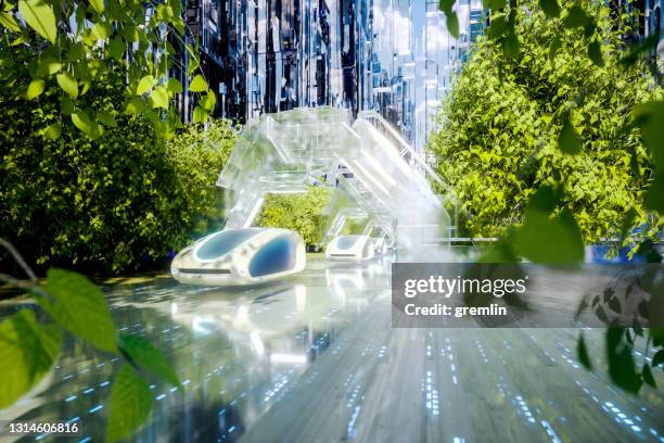 futuristic green energy autonomous traffic - green colour car stock pictures, royalty-free photos & images