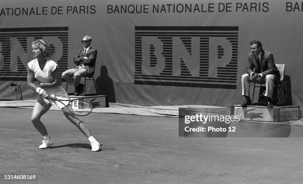 The American tennis player Chris Evert, during a Women's singles match of the French Open. Paris, Roland-Garros stadium, June 1984.