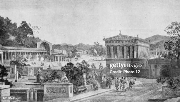 Illustration depicting the sacred enclosure at Olympia, a sanctuary of ancient Greece in Elis on the Peloponnese peninsula, is known for having been...