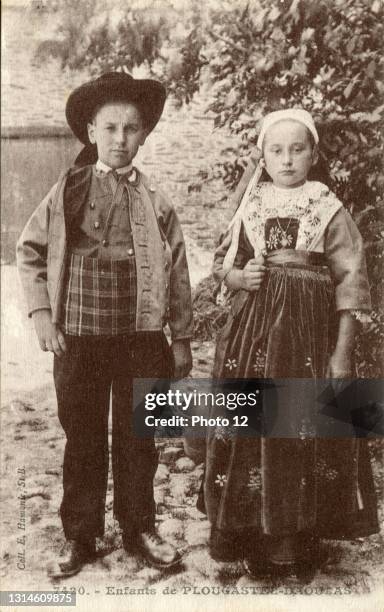 Children in traditional Plougastel-Daoulas costume. Country: France. Department: 29 - Finistere. Region: Brittany. Old Postcard, Late 19th - Early...