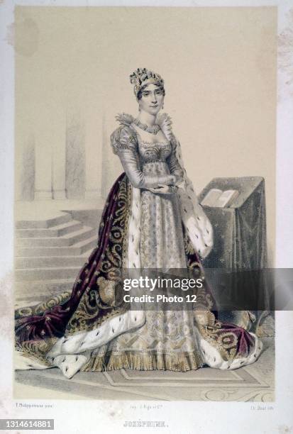 Empress Josephine. 1763-1814. Wearing her coronation gown. Le siecle de Napoleon Paintings by F. Philippoteaux. Lithography by Ch. Bour. 1846.