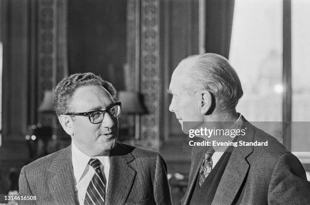 Henry Kissinger , the United States Secretary of State with Sir Alec Douglas-Home , the British Foreign Secretary, UK, 27th February 1974.