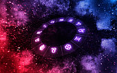 Zodiac signs inside of horoscope circle on universe. Astrology and horoscopes.