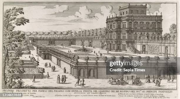 View of the side facade of the Palazzo Pamphili and its garden , after 1677, Etching, Plate: 9 3/16 x 16 11/16 in. , Prints, Simon Felice , With a...
