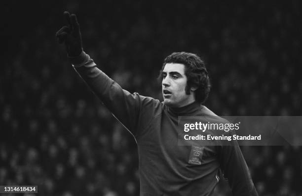 English footballer Peter Shilton, the goalkeeper for Leicester City, during an FA Cup quarter-final match against Queens Park Rangers at Loftus Road,...