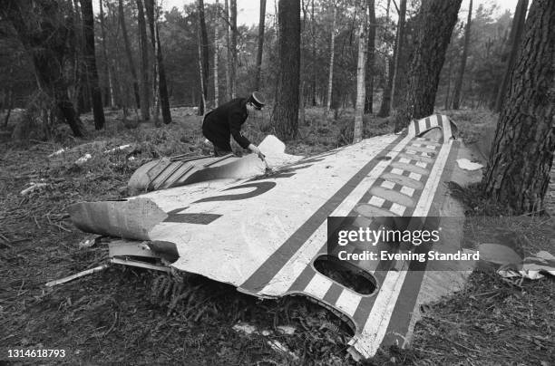 The wreckage of Turkish Airlines Flight 981 in the Ermenonville Forest outside Paris in France, 4th March 1974. The McDonnell Douglas DC-10 crashed...