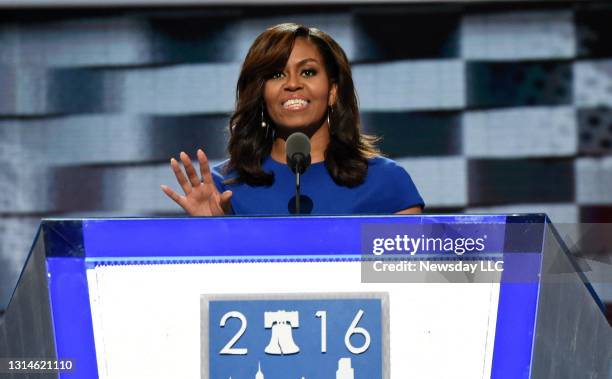 First Lady Michelle Obama speaks at the Democratic National Convention at the Wells Fargo Center in Philadelphia, Pennsylvania on July 25, 2016.
