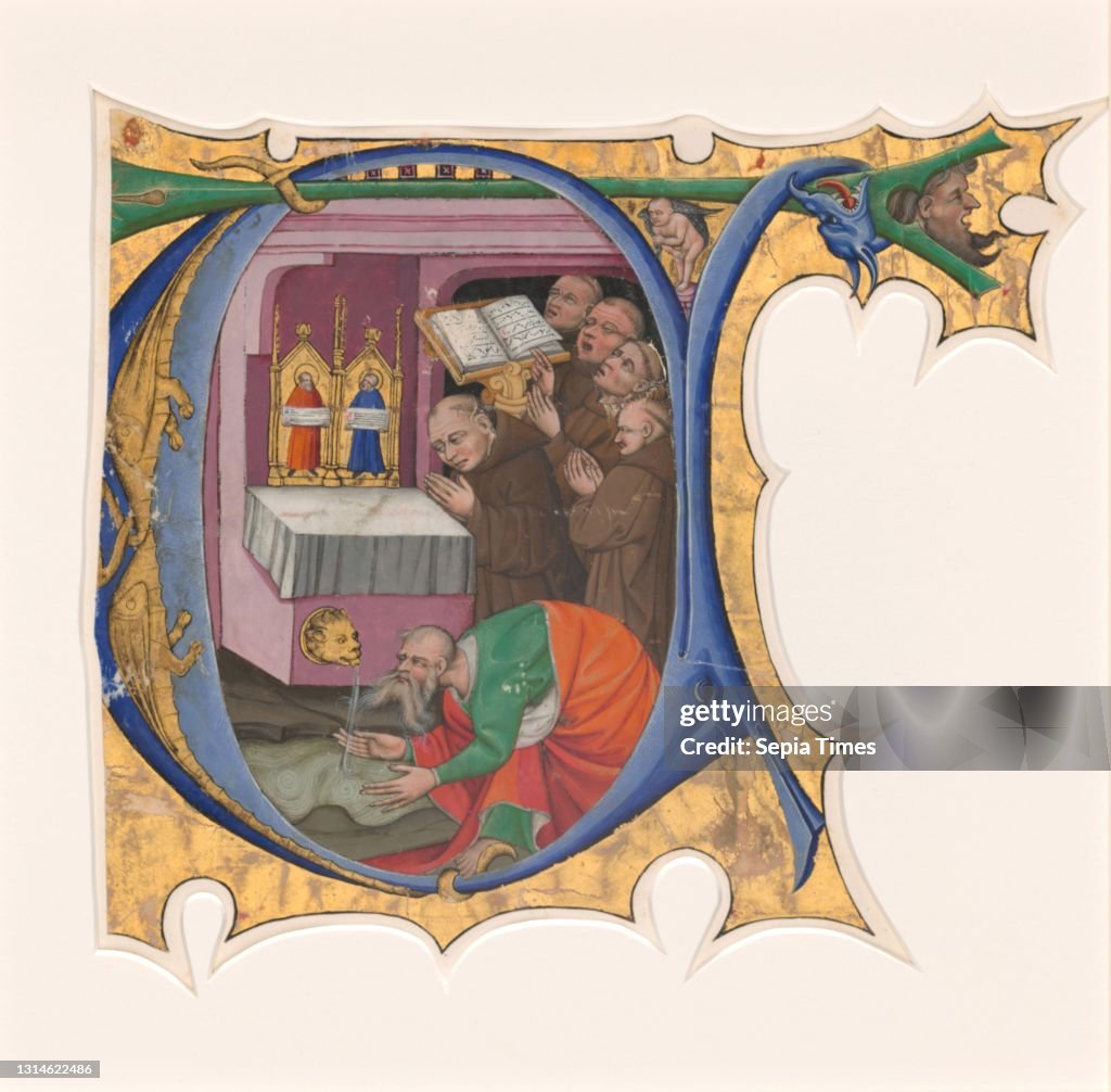 Master of the Cypresses, (artist), Spanish, active 1434, Initial T with a group of Benedictine monks singing before an altar from which issues water, 13 Initials from a Choir Book, Antiphonary (1964.8.1218-1230), (series), 1430s, miniature on vellum, over