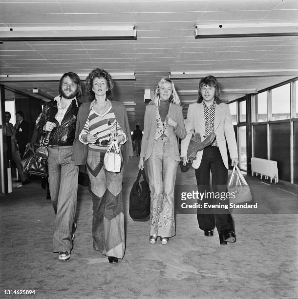 Swedish pop group ABBA at Heathrow Airport in London after winning the 1974 Eurovision Song Contest in Brighton with the song 'Waterloo', UK, 2nd May...