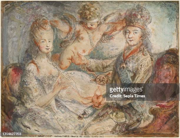Gabriel de Saint-Aubin, , French, 1724 - 1780, Louis XVI and Marie-Antoinette Crowned by Love red chalk, black chalk, pen and black and gray ink with...