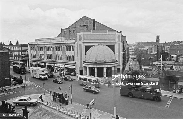 The derelict Astoria Variety Cinema on Stockwell Road in Brixton, south London, UK, 3rd May 1974. Planning permission is being sought to demolish the...