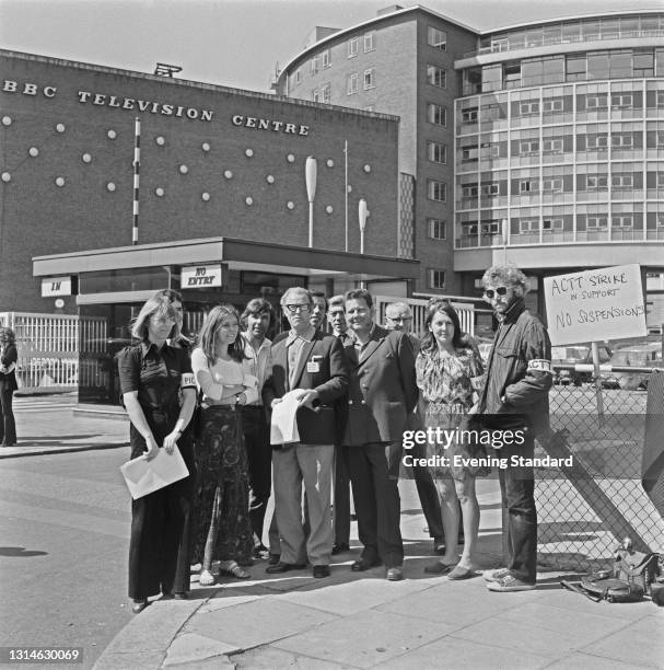 Strike by the ACTT outside the BBC Television Centre in London, UK, 31st May 1974. They are demanding 'No Suspensions'.